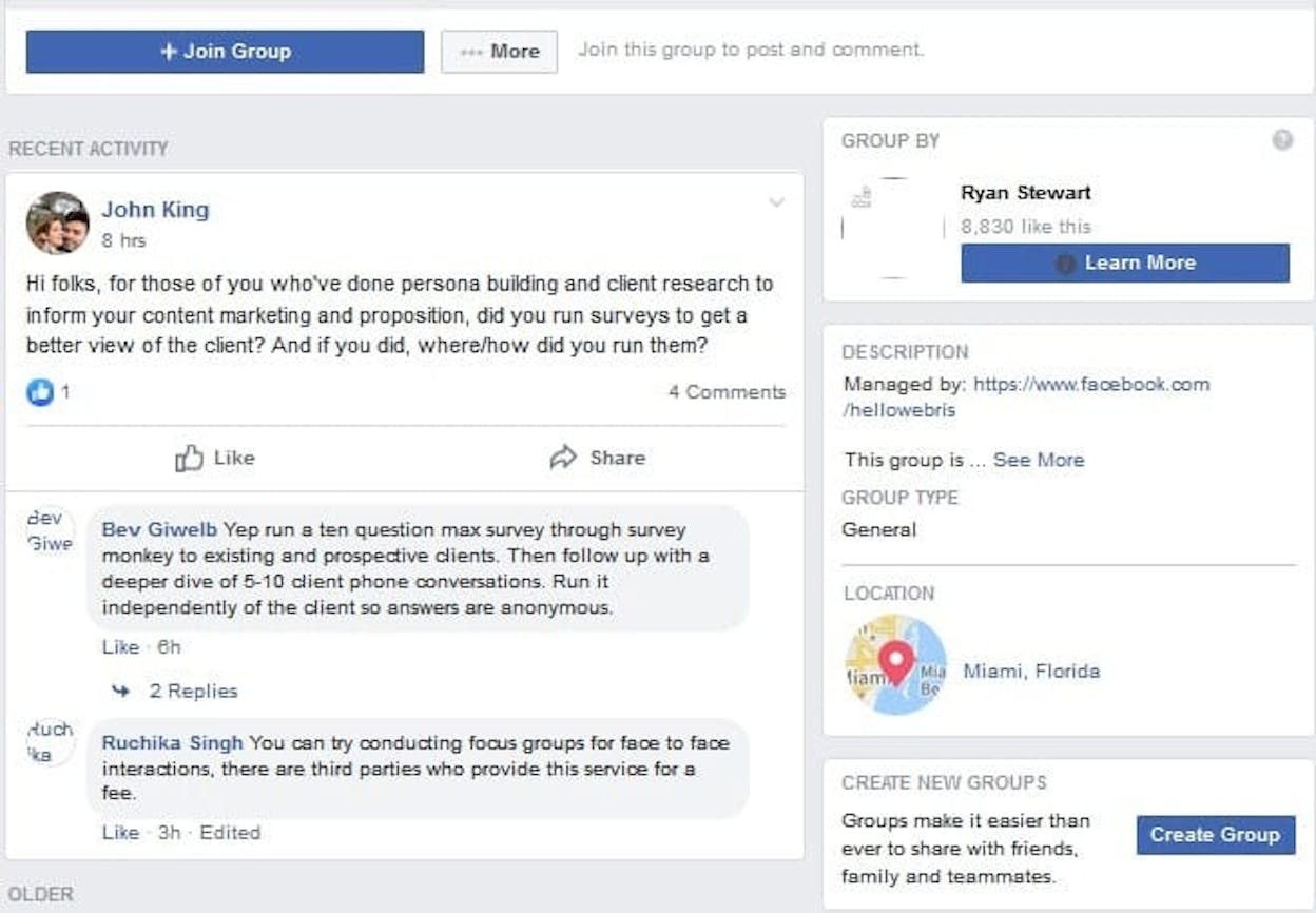 [Screenshot of Digital Marketing Questions group showing a member asking about attribution models and getting detailed answers]