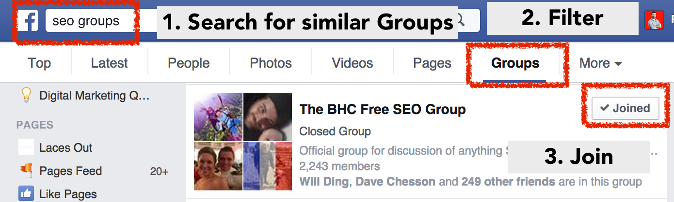 [Screenshot description: A Facebook group search results page showing how to search for digital marketing groups and filter by relevance]