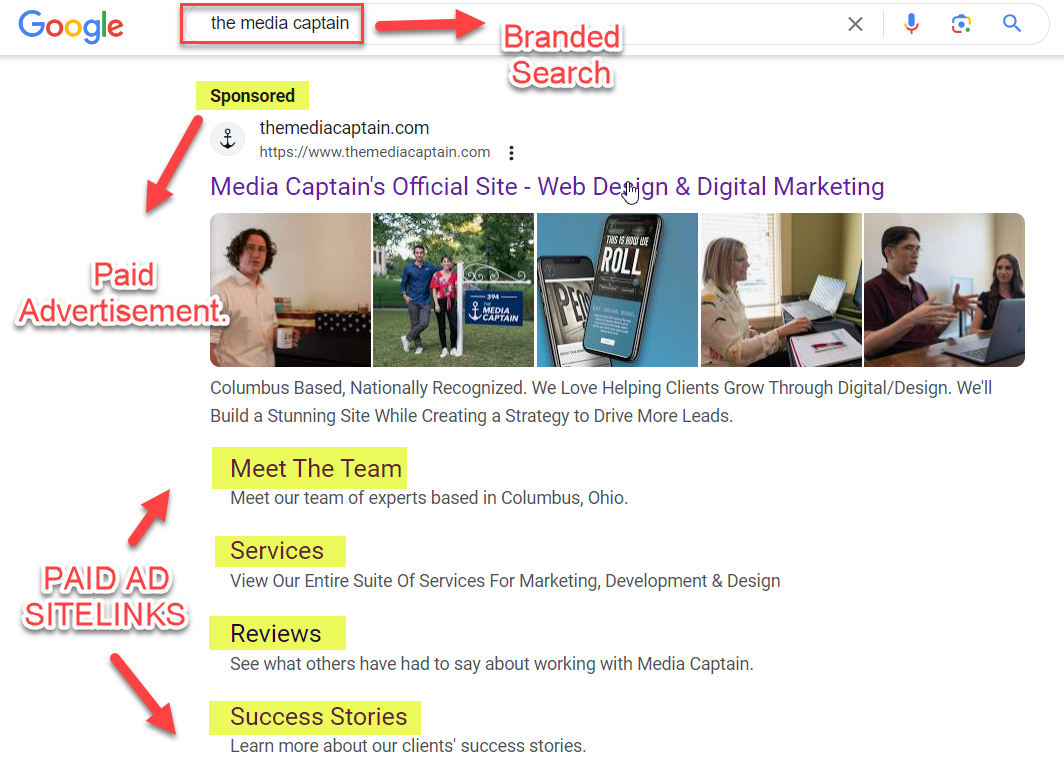 [Screenshot: Mobile search showing full organic sitelinks for a well-known SaaS brand, with 4-6 sitelinks visible beneath the main result]