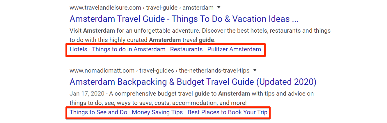 [Screenshot: Google search result with one-line/inline sitelinks appearing horizontally beneath the main result for an informational query]