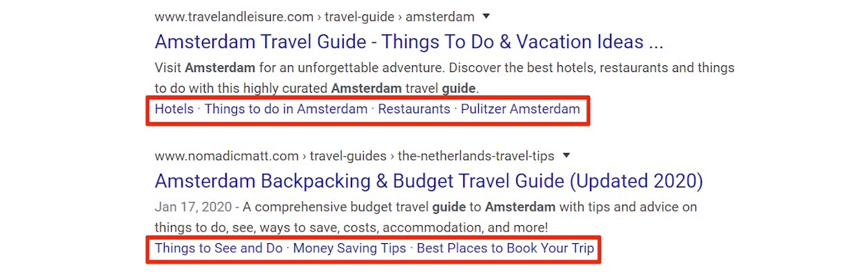 [Screenshot: Google search result with one-line/inline sitelinks appearing horizontally beneath the main result for an informational query]