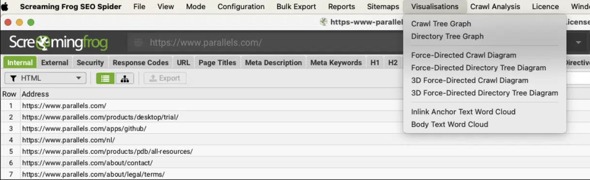 [Screenshot: Screaming Frog crawl visualization showing site architecture depth &mdash; how many clicks from homepage to deepest pages]
