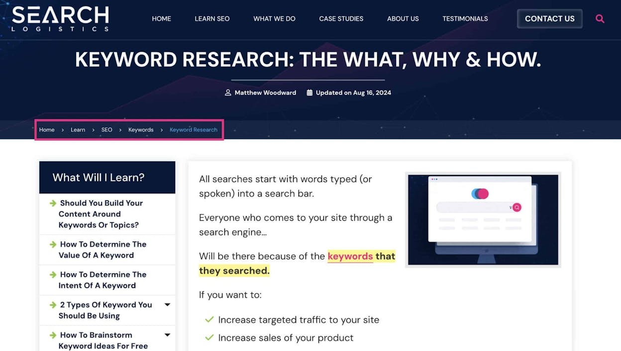 [Screenshot: Example of breadcrumb navigation on a website, showing the path Home > Products > Feature Name]