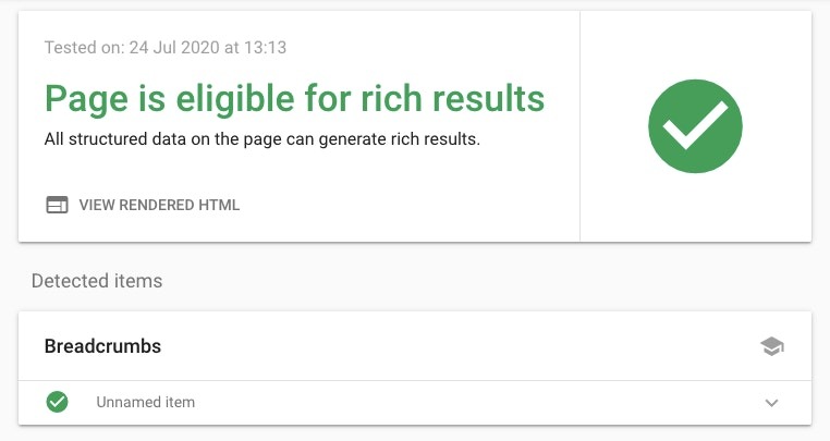 [Screenshot: Google&rsquo;s Rich Results Test tool showing validated structured data for a website&rsquo;s navigation elements]
