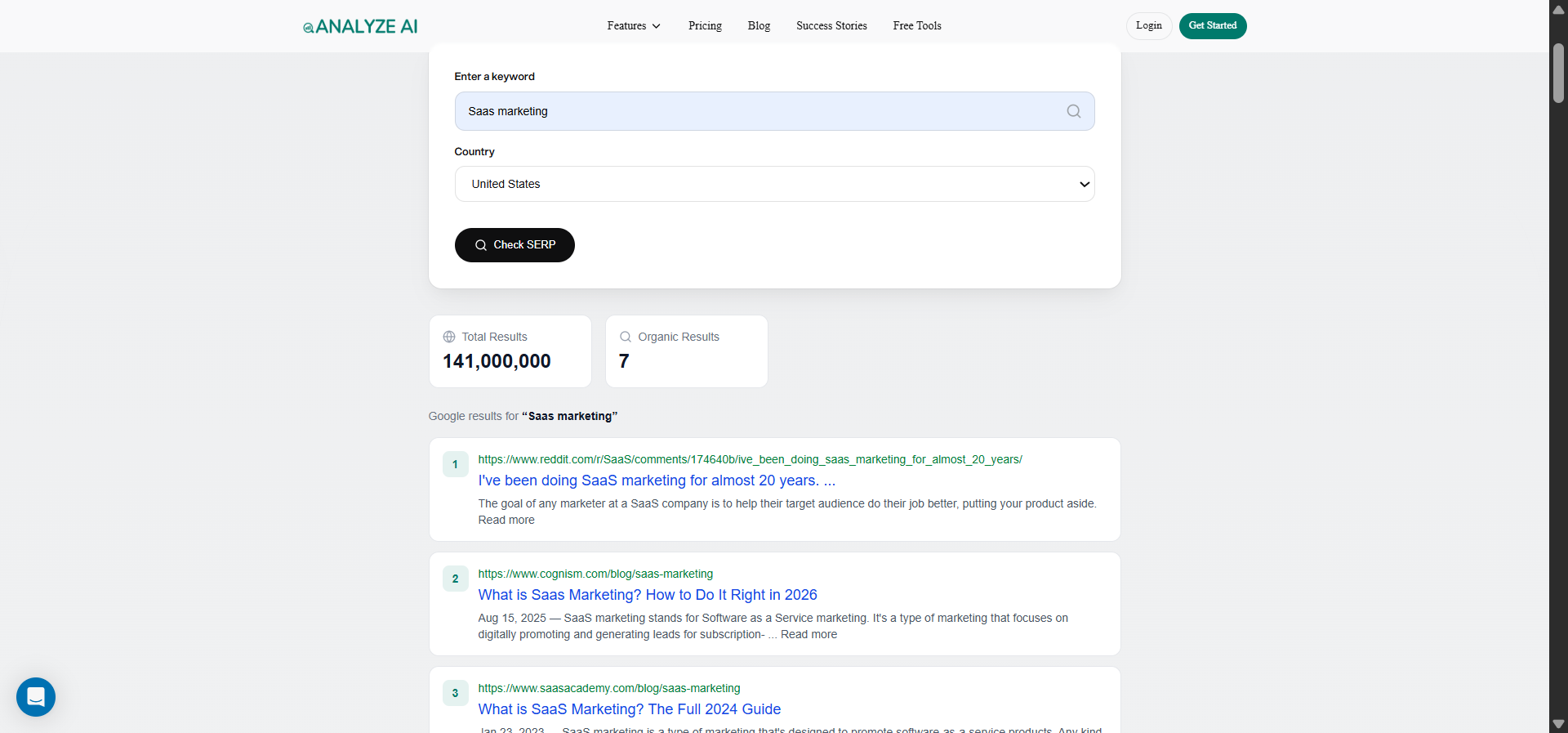 [Screenshot: Analyze AI&rsquo;s SERP Checker tool showing search results for a branded query with visible sitelinks]