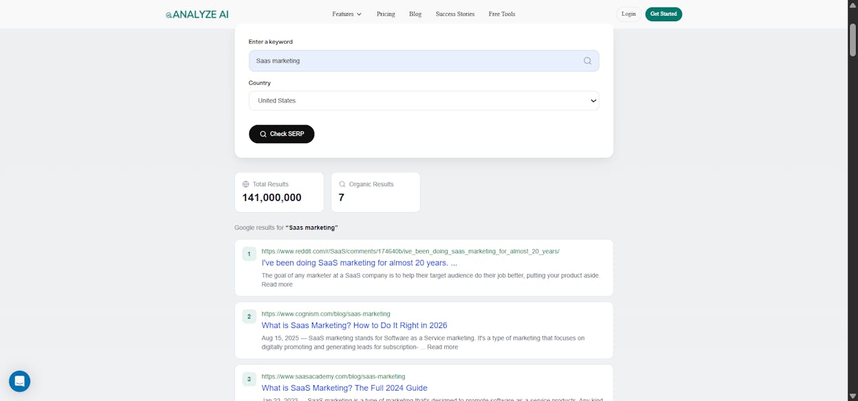 [Screenshot: Analyze AI&rsquo;s SERP Checker tool showing search results for a branded query with visible sitelinks]