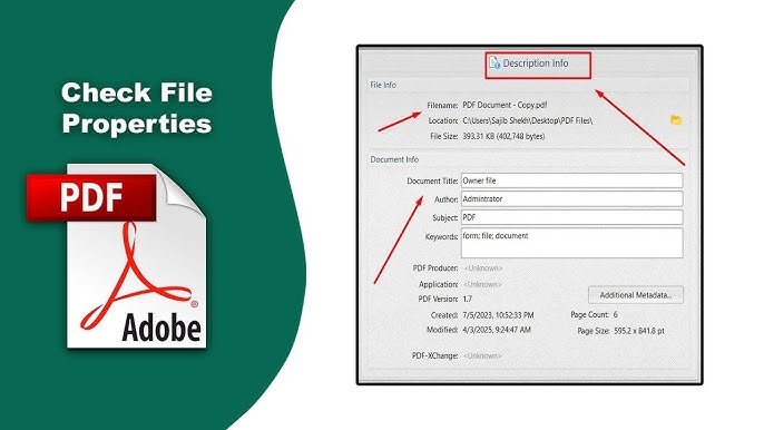 [Screenshot: Adobe Acrobat Pro showing File &rarr; Properties dialog with the Title field highlighted]