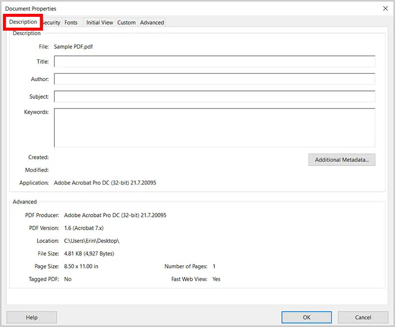 [Screenshot: Adobe Acrobat Pro showing Additional Metadata dialog with Description field]
