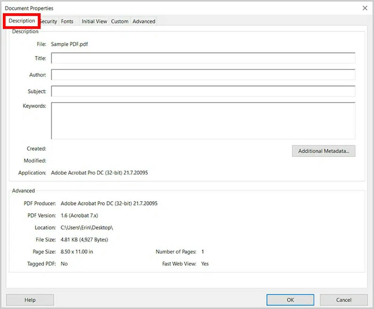 [Screenshot: Adobe Acrobat Pro showing Additional Metadata dialog with Description field]