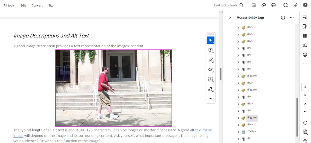 [Screenshot: Adobe Acrobat Pro Tags panel showing right-click &rarr; Properties &rarr; Alternate Text field on an image]