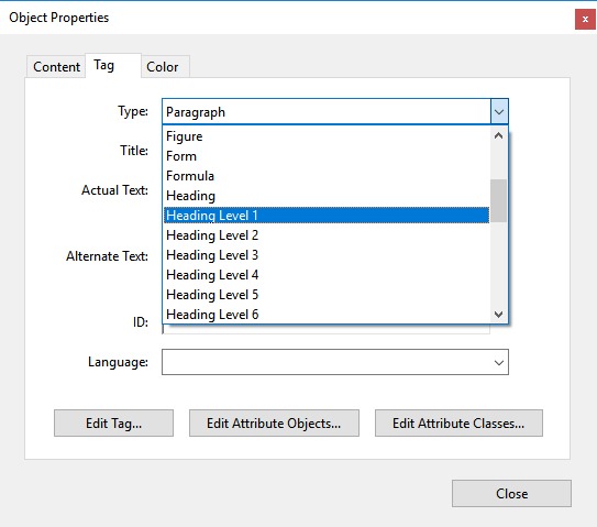 [Screenshot: Adobe Acrobat Pro Tags panel showing the heading level dropdown being changed]