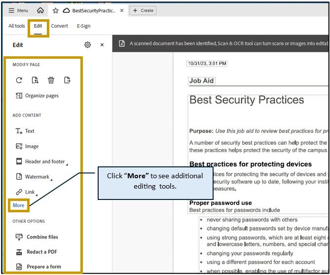 [Screenshot: Adobe Acrobat Pro Edit PDF mode showing the Link creation dialog]