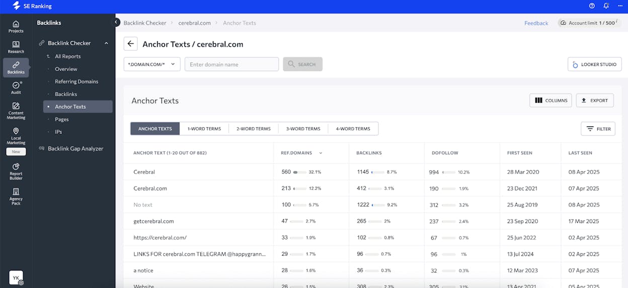 [Screenshot: A backlink analysis tool showing a detailed backlinks report with columns for referring page, DR, UR, anchor text, and follow status]