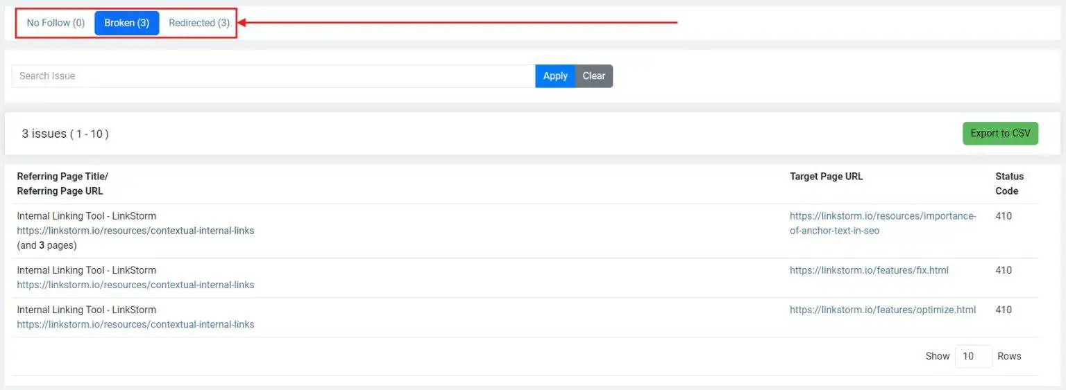 [Screenshot: Free broken link checker showing broken outbound links on a resource page, with the URL and anchor text of each broken link]