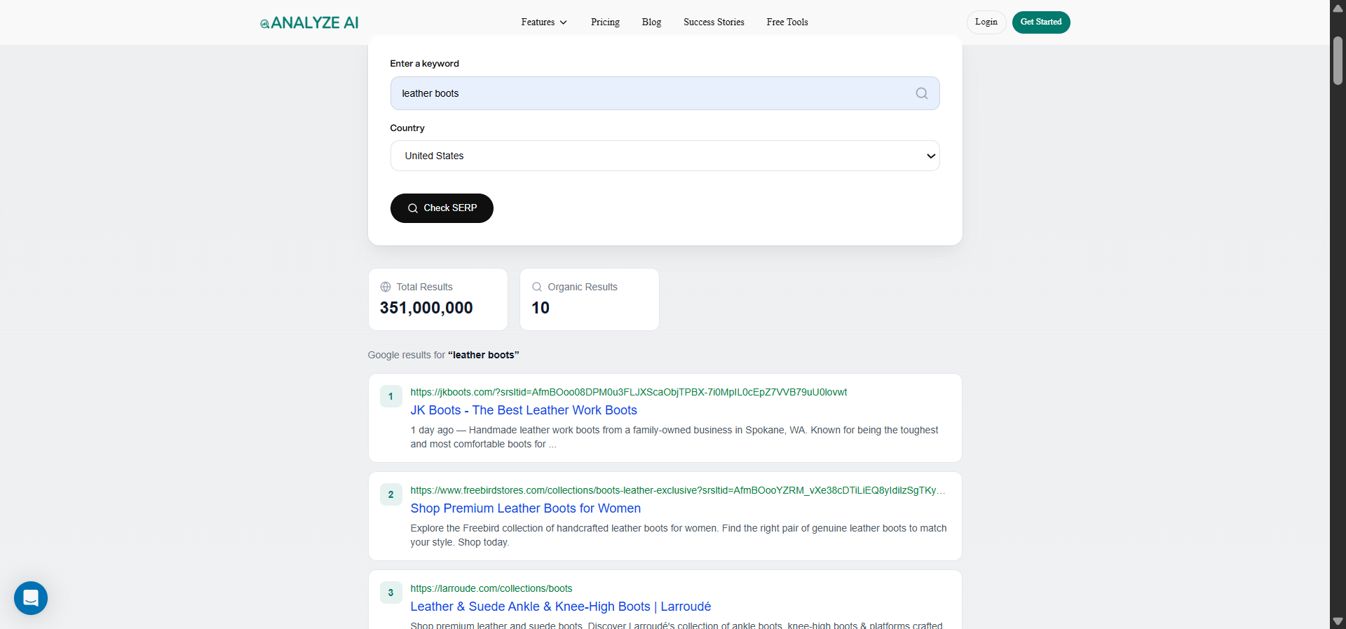 [Screenshot of Analyze AI SERP Checker showing competitor domains ranking for a target keyword]