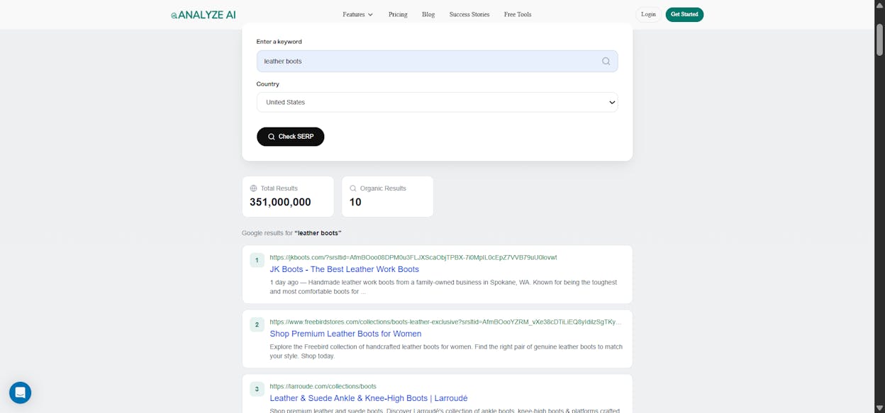 [Screenshot of Analyze AI SERP Checker showing competitor domains ranking for a target keyword]
