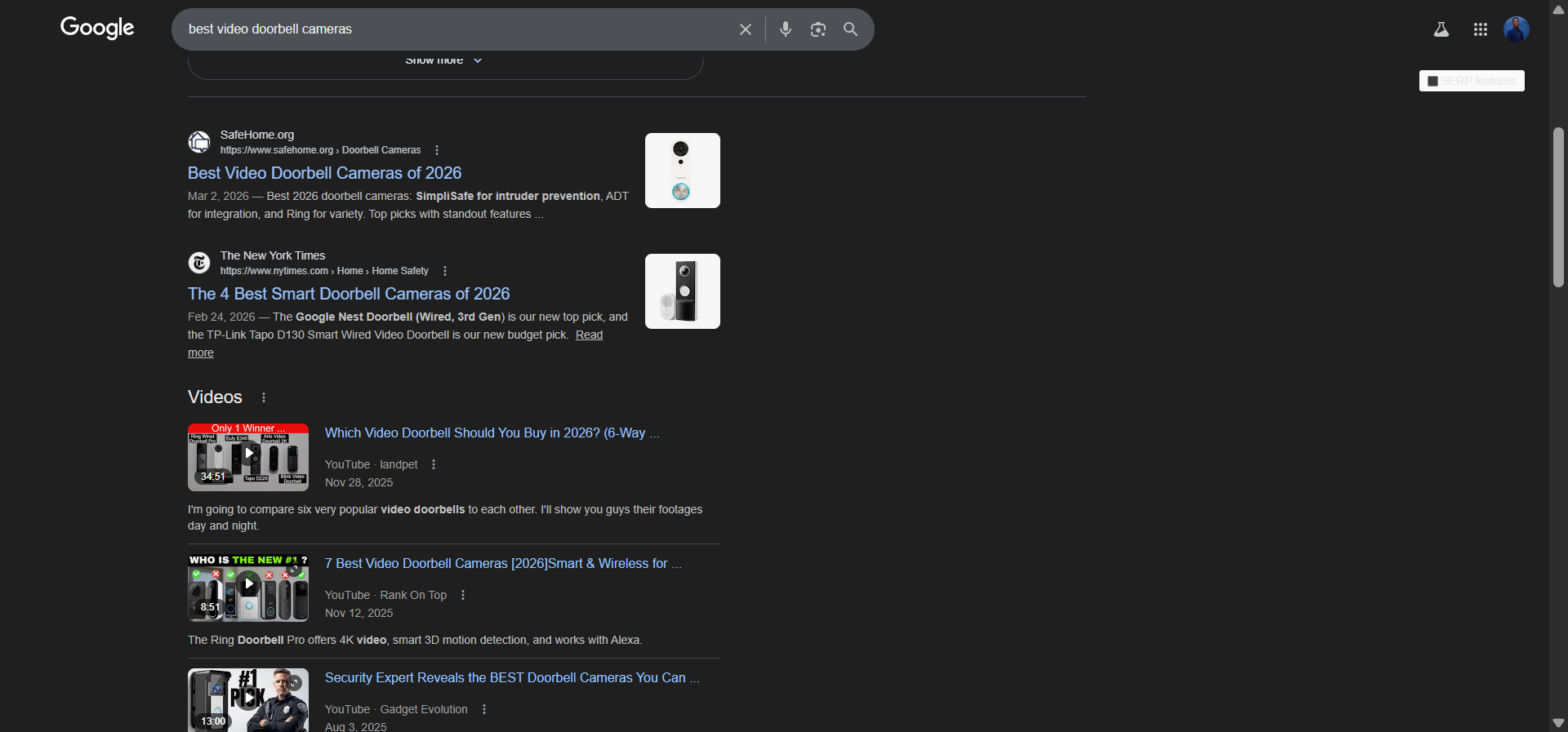 [Screenshot: Google SERP for &ldquo;best video doorbell cameras&rdquo; showing multiple results with benefits like &ldquo;to protect your home&rdquo; and confidence boosters like &ldquo;tested&rdquo; and the current year]