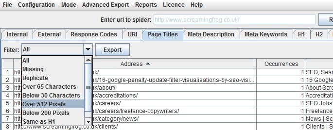 [Screenshot: A pixel width tool showing the example title tag at 580 pixels, under the 600-pixel threshold]