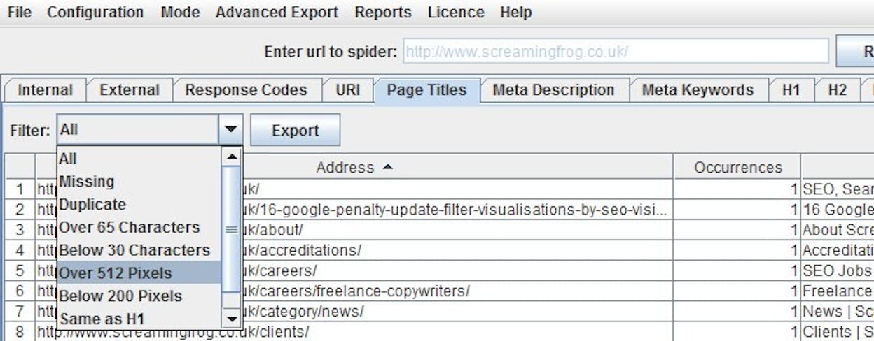 [Screenshot: A pixel width tool showing the example title tag at 580 pixels, under the 600-pixel threshold]