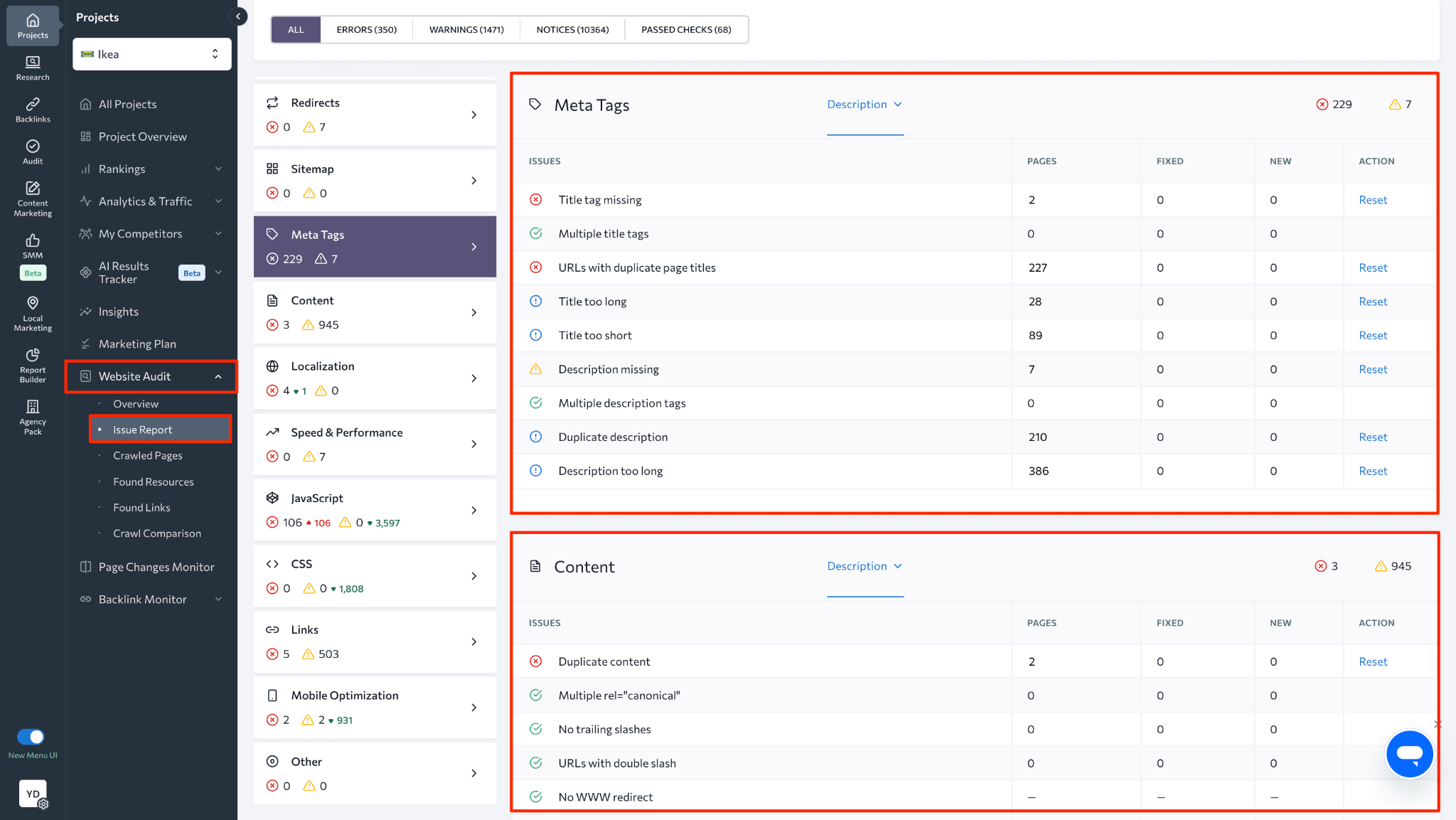 [Screenshot: An SEO audit tool showing pages where the title tag and the Google SERP title don&rsquo;t match, with the percentage of pages affected]