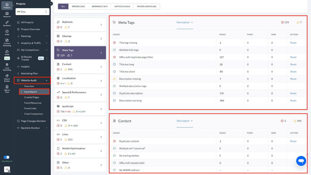 [Screenshot: An SEO audit tool showing pages where the title tag and the Google SERP title don&rsquo;t match, with the percentage of pages affected]
