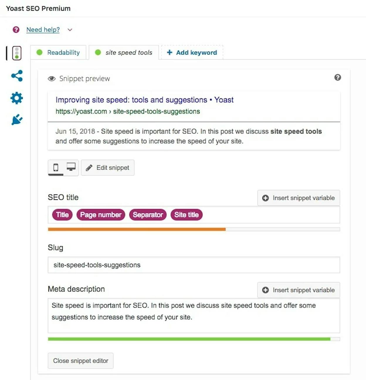 [Screenshot: WordPress editor showing the Yoast SEO plugin&rsquo;s title tag field below the content editor]