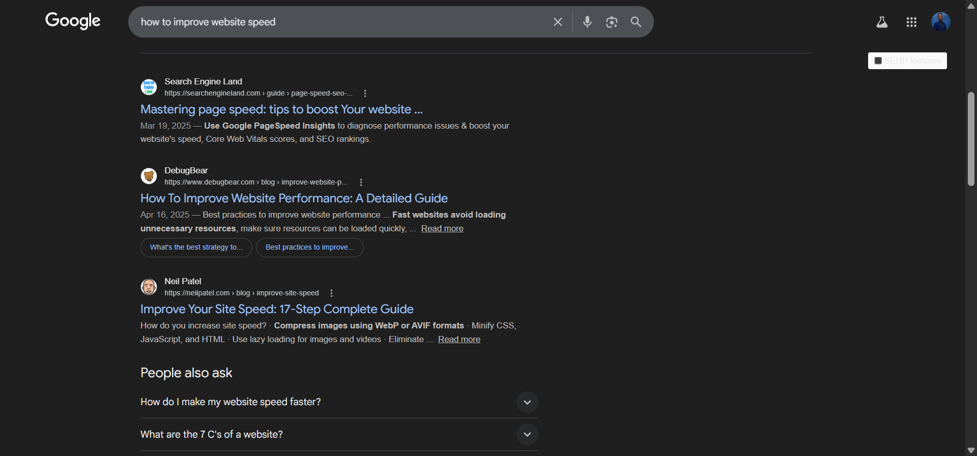 [Screenshot: Google search results page for a keyword like &ldquo;how to improve website speed&rdquo; showing the top 5 results &mdash; highlighting that they are all step-by-step guides, not listicles or product pages]