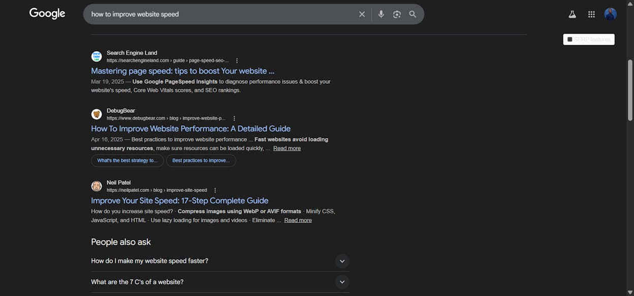 [Screenshot: Google search results page for a keyword like &ldquo;how to improve website speed&rdquo; showing the top 5 results &mdash; highlighting that they are all step-by-step guides, not listicles or product pages]