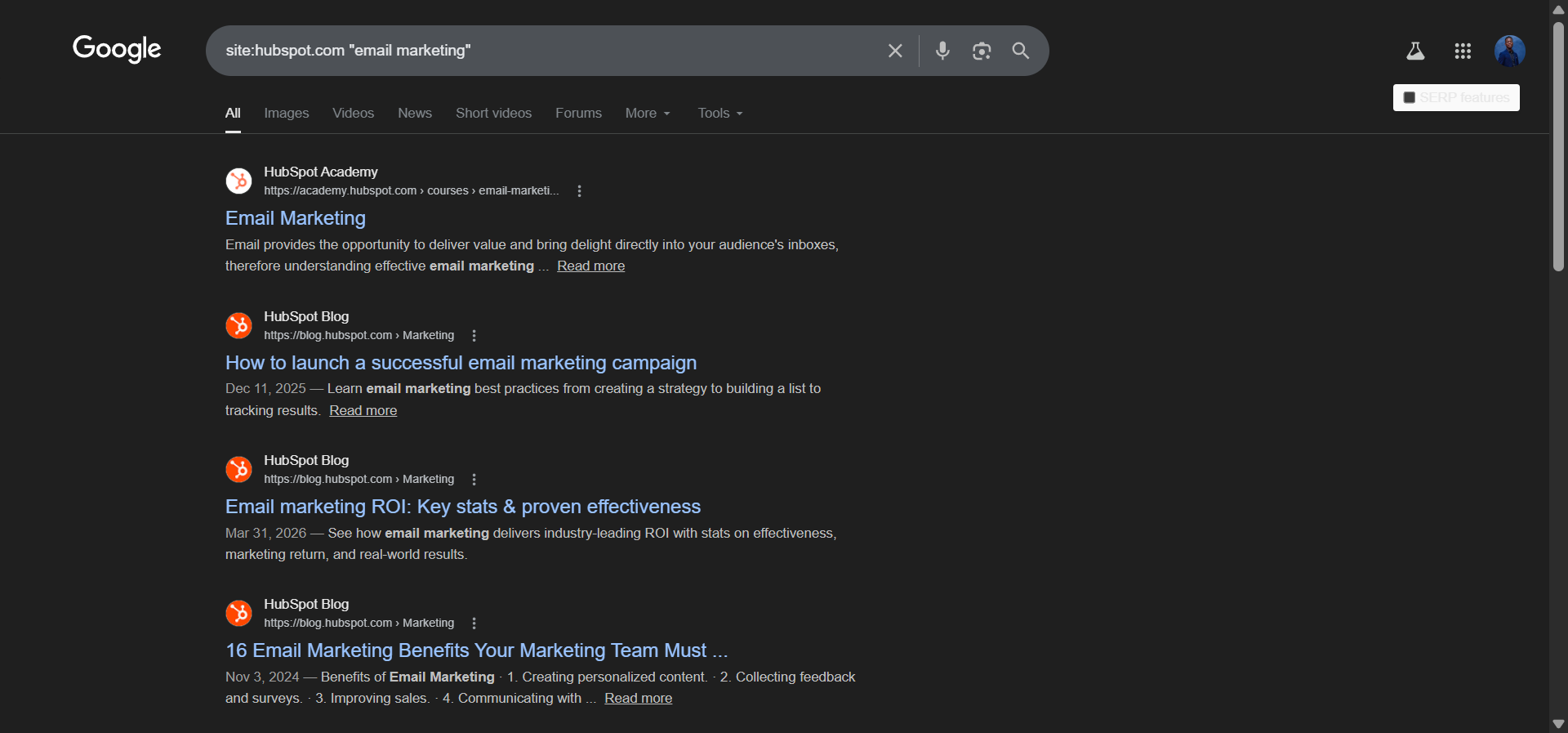 [Screenshot: Google site: search showing results from a domain that mention a specific keyword &mdash; highlighting which pages could add an internal link to the new article]