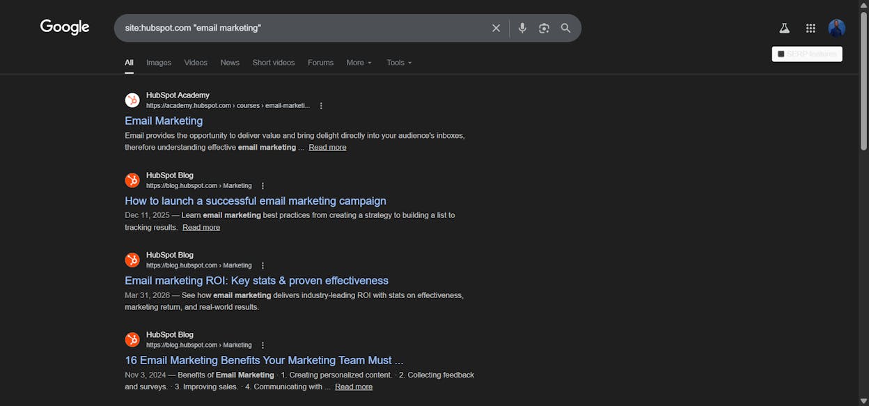 [Screenshot: Google site: search showing results from a domain that mention a specific keyword &mdash; highlighting which pages could add an internal link to the new article]