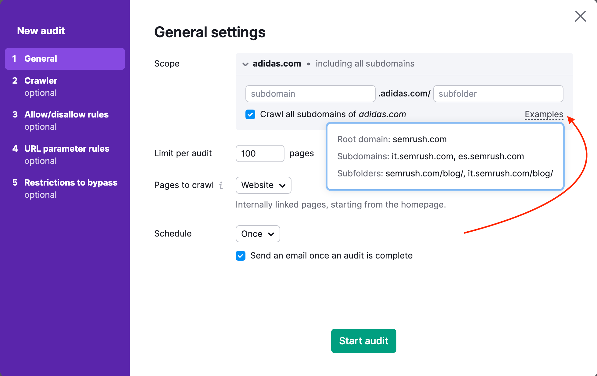 [Screenshot: Setting up a crawl in your preferred site audit tool &mdash; showing the project setup screen with domain entry and verification options]