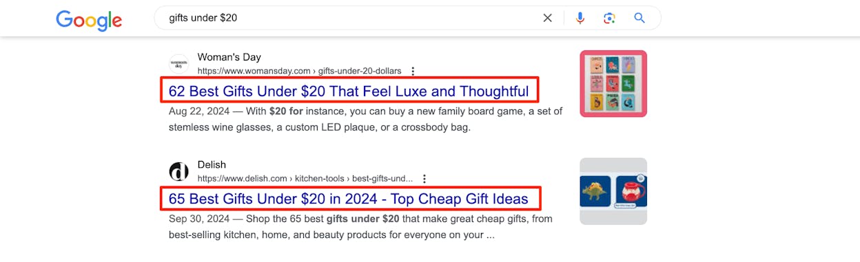 [Screenshot: A Google search result with the title tag and meta description highlighted]