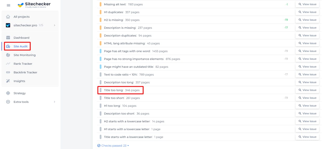 [Screenshot: Title tag issues in a crawl tool showing duplicate, missing, and too-long titles]