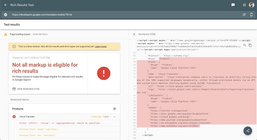 [Screenshot: Google Rich Results Test showing validation results with errors and warnings]