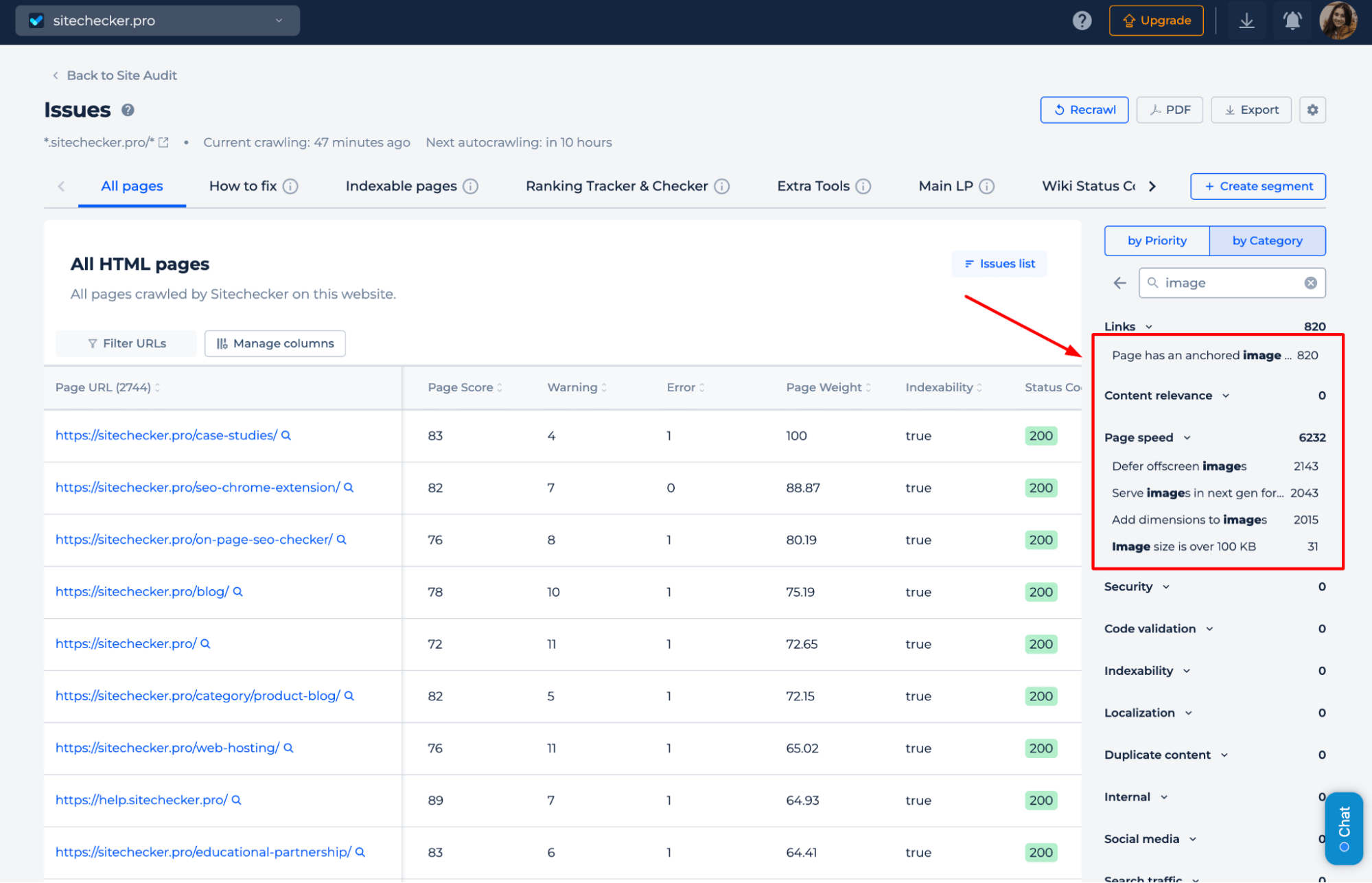 [Screenshot: Image file size report in a crawl tool showing pages with oversized images]