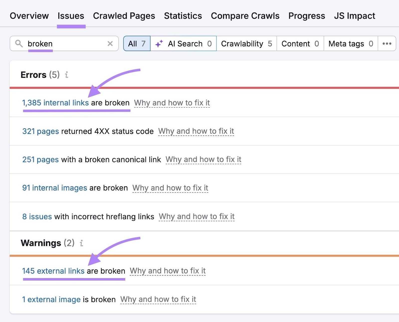 [Screenshot: Broken internal links report showing source pages and their broken target URLs with 404 status codes]