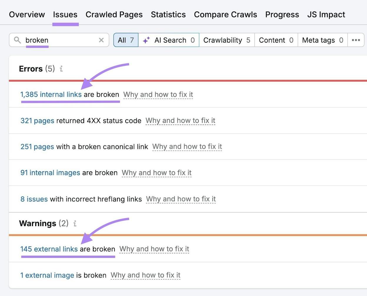 [Screenshot: Broken internal links report showing source pages and their broken target URLs with 404 status codes]