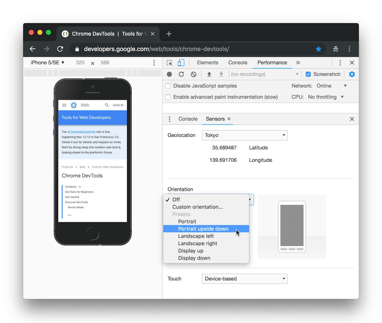 [Screenshot: Chrome DevTools device simulation showing a page rendered on a mobile screen]