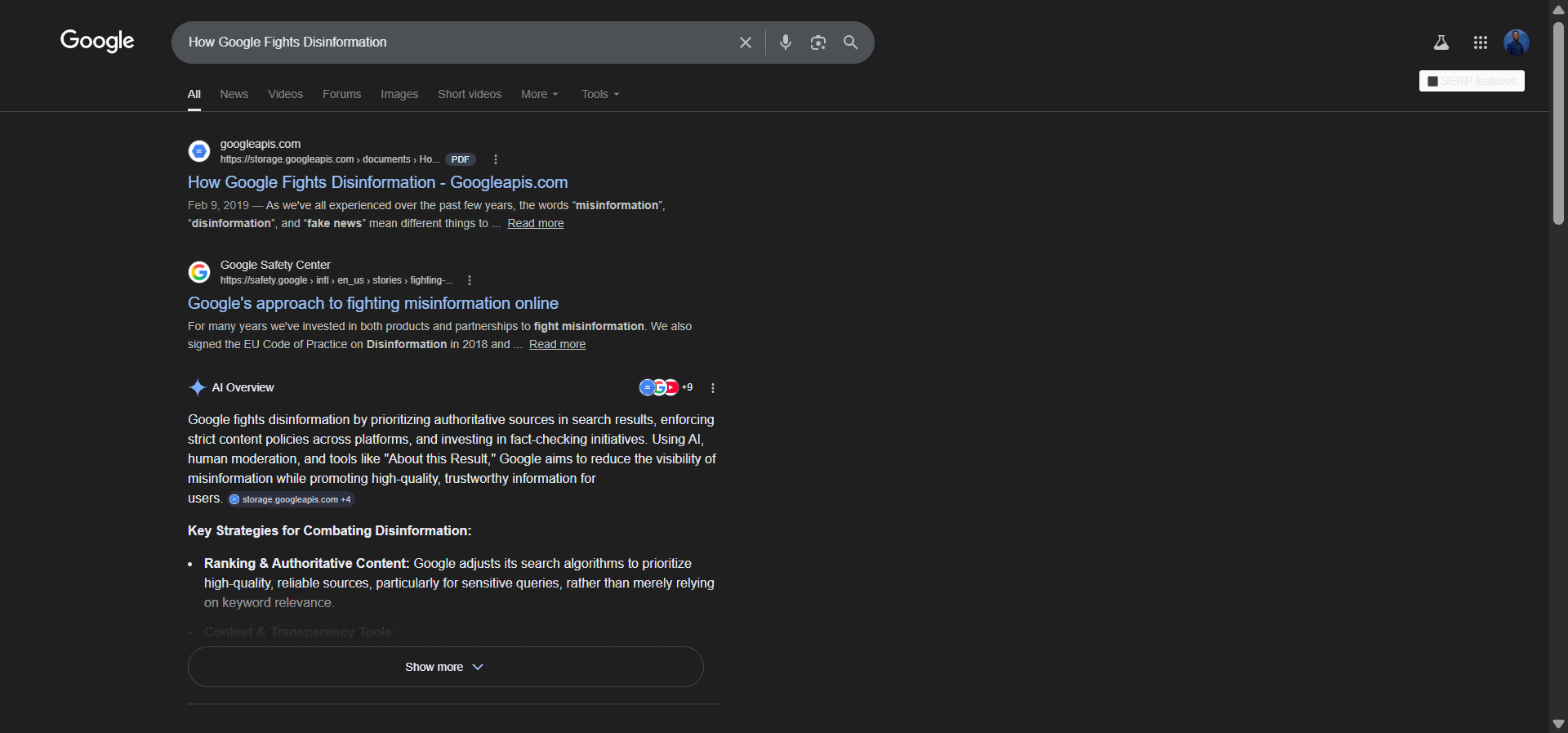 [Screenshot: Google&rsquo;s &ldquo;How Google Fights Disinformation&rdquo; document highlighting the PageRank reference]