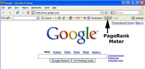 [Screenshot: The old Google Toolbar showing a PageRank score of 8/10 with the green bar indicator]