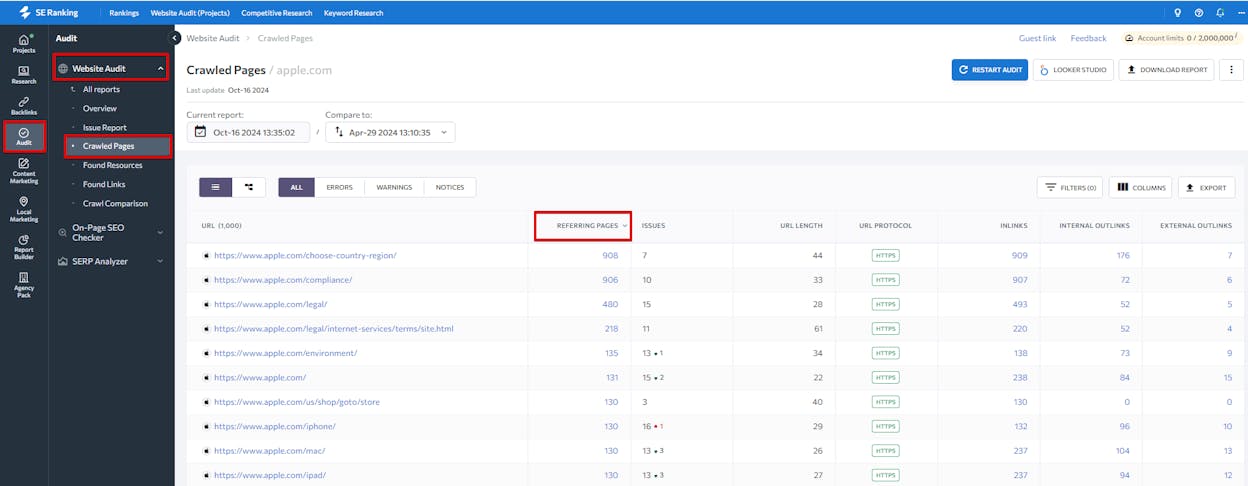 [Screenshot: A site audit tool showing internal link opportunities, with a suggestion to add a link from one article to another based on keyword mentions]