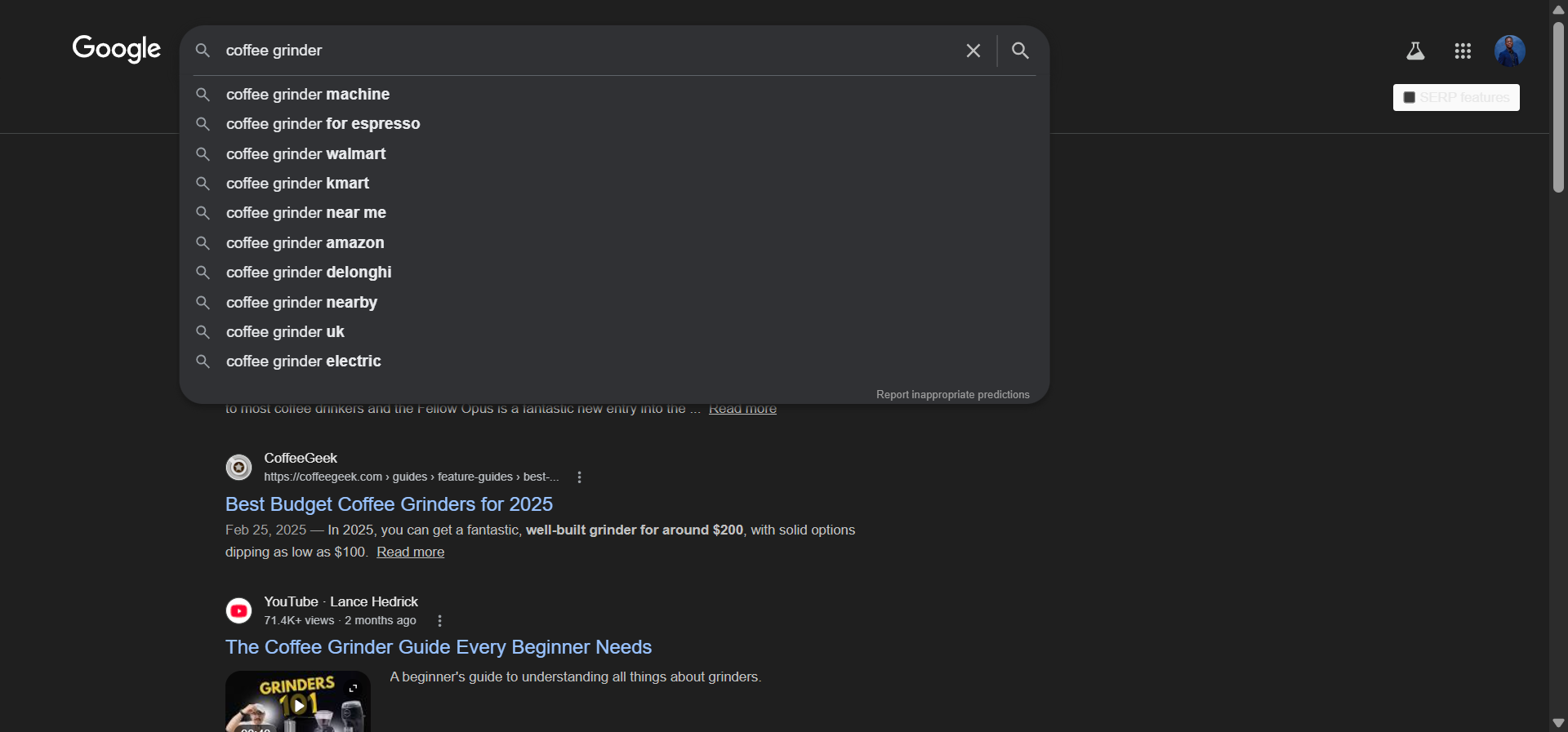 [Screenshot: Google search bar showing autocomplete suggestions for &ldquo;coffee grinder&rdquo; &mdash; displaying suggestions like &ldquo;coffee grinder manual,&rdquo; &ldquo;coffee grinder electric,&rdquo; &ldquo;coffee grinder burr vs blade&rdquo;]