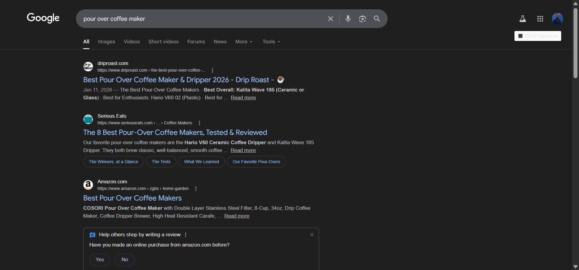 [Screenshot: Google search results for &ldquo;pour over coffee maker&rdquo; showing blog post listicles, not product pages &mdash; highlighting the research intent of the query]