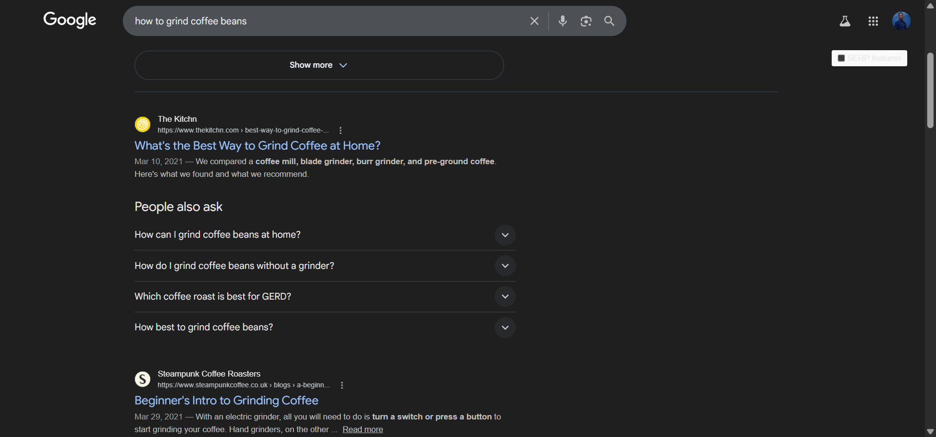 [Screenshot: A top-ranking article for &ldquo;how to grind coffee beans&rdquo; that covers multiple methods including non-grinder alternatives &mdash; showing the expanded scope of the content]