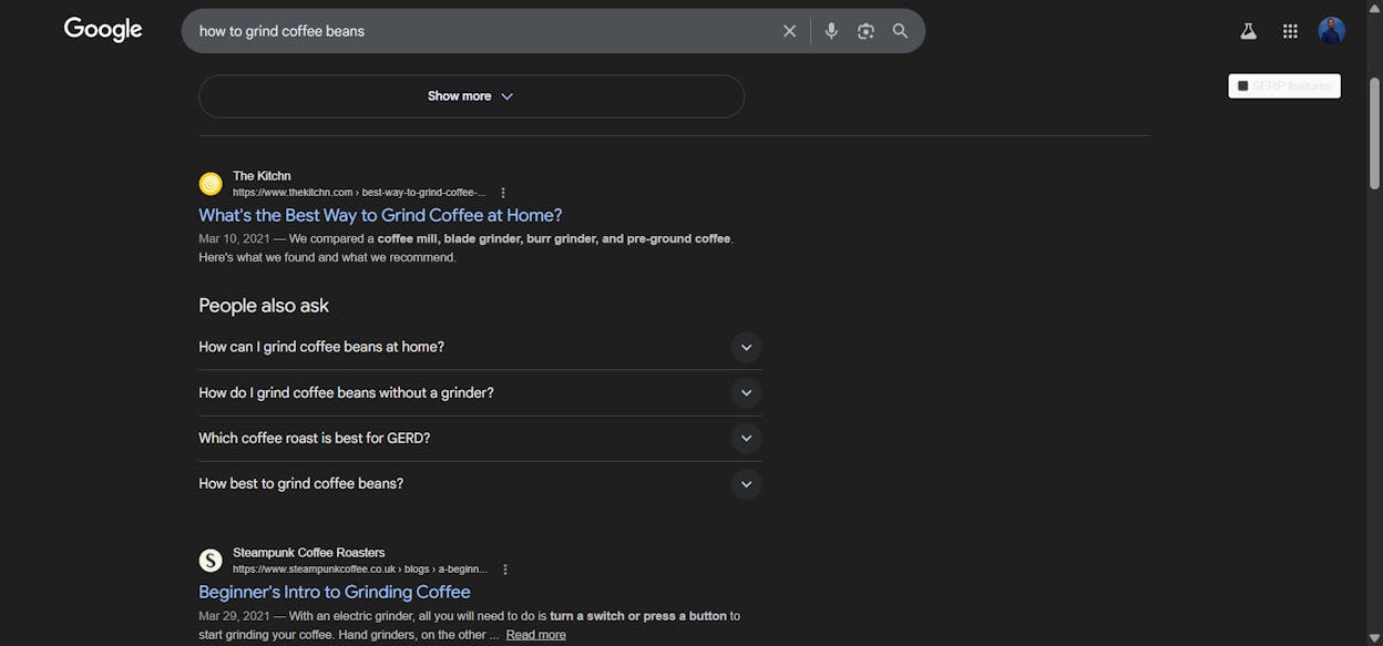 [Screenshot: A top-ranking article for &ldquo;how to grind coffee beans&rdquo; that covers multiple methods including non-grinder alternatives &mdash; showing the expanded scope of the content]