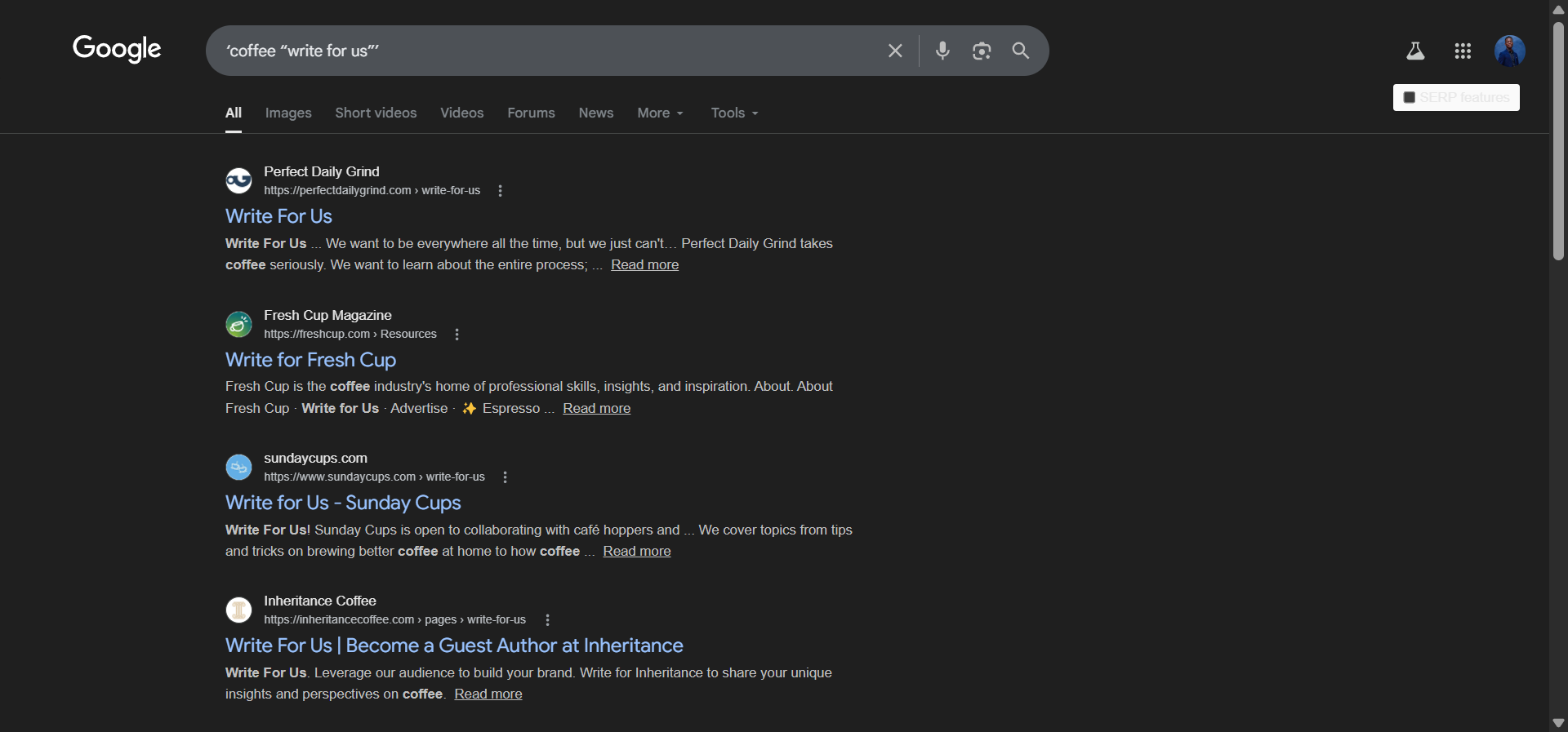 [Screenshot: Google search results for &lsquo;coffee &ldquo;write for us&rdquo;&rsquo; showing websites accepting guest posts in the coffee niche]