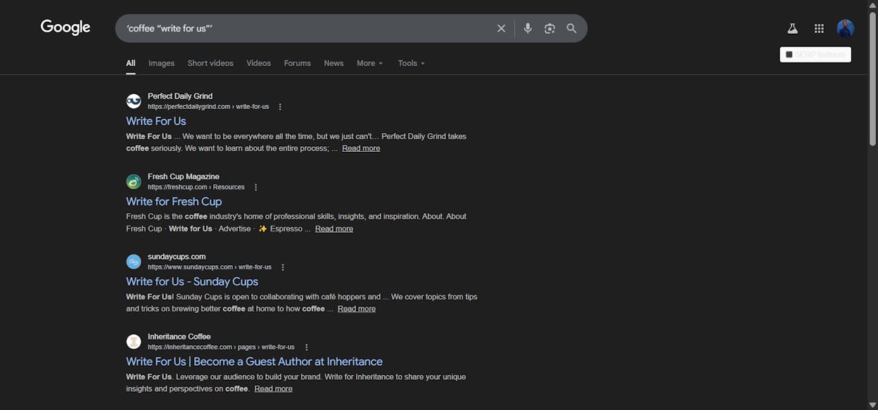 [Screenshot: Google search results for &lsquo;coffee &ldquo;write for us&rdquo;&rsquo; showing websites accepting guest posts in the coffee niche]