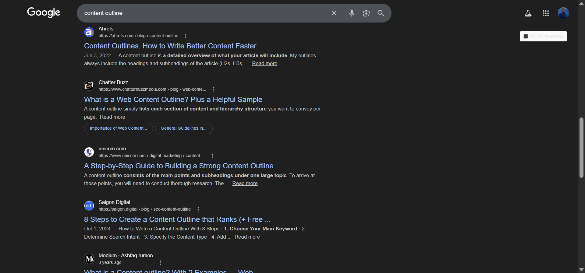 [Screenshot: Google SERP showing top results for &ldquo;content outline&rdquo; with various angles visible in titles]