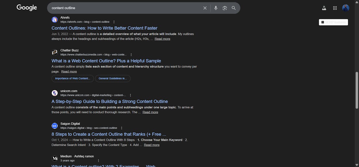 [Screenshot: Google SERP showing top results for &ldquo;content outline&rdquo; with various angles visible in titles]