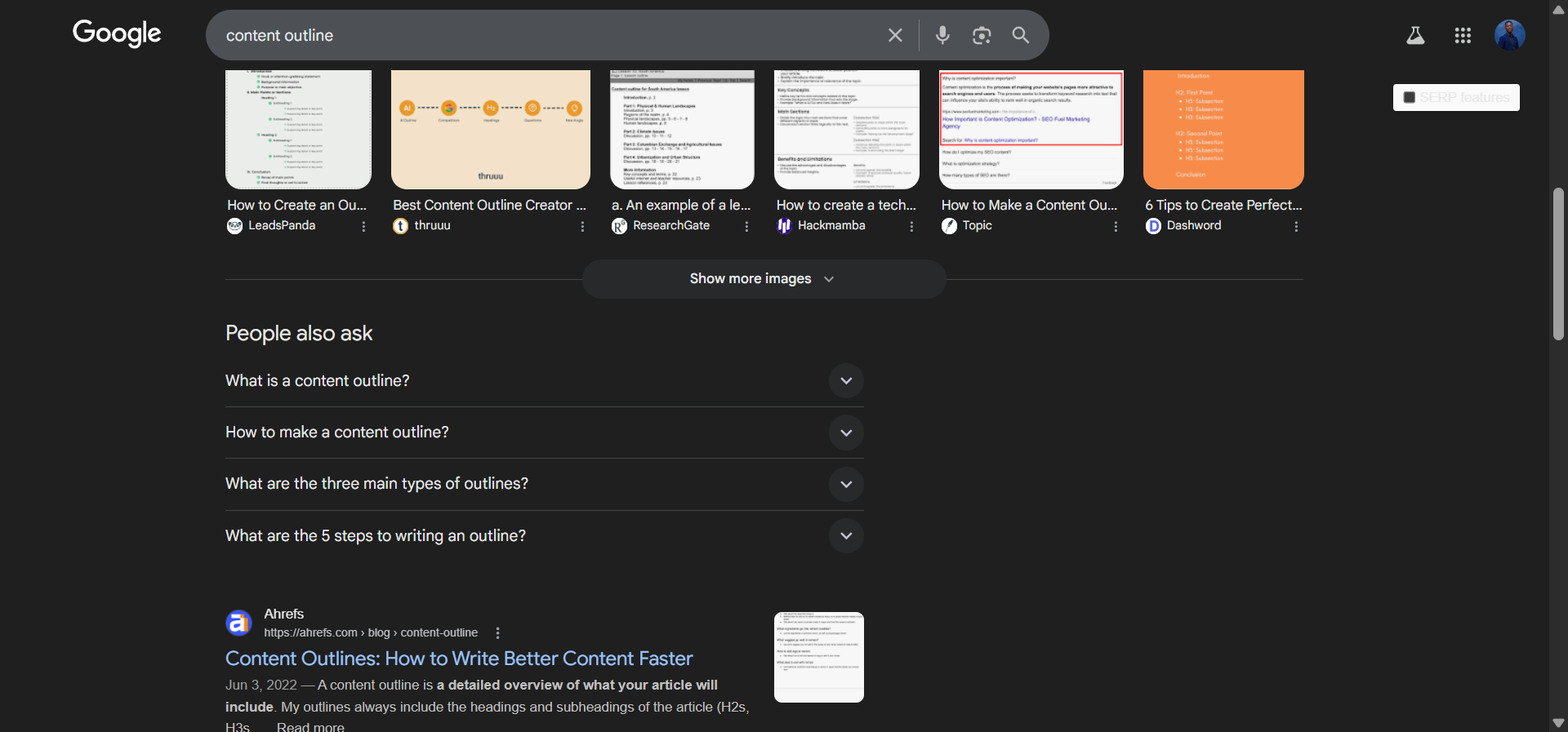 [Screenshot: Google PAA box showing related questions for &ldquo;content outline&rdquo;]